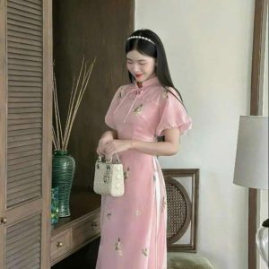 Set Áo Dài 2 Lớp Voan Ánh Kim Thêu Kèm Tà Trong Lụa