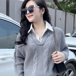 Áo Len Dài Tay Phối Cổ Sơ Mi Họa Tiết Vặn Thừng