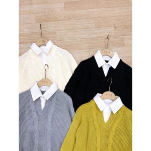 Áo Len Dài Tay Phối Cổ Sơ Mi Họa Tiết Vặn Thừng